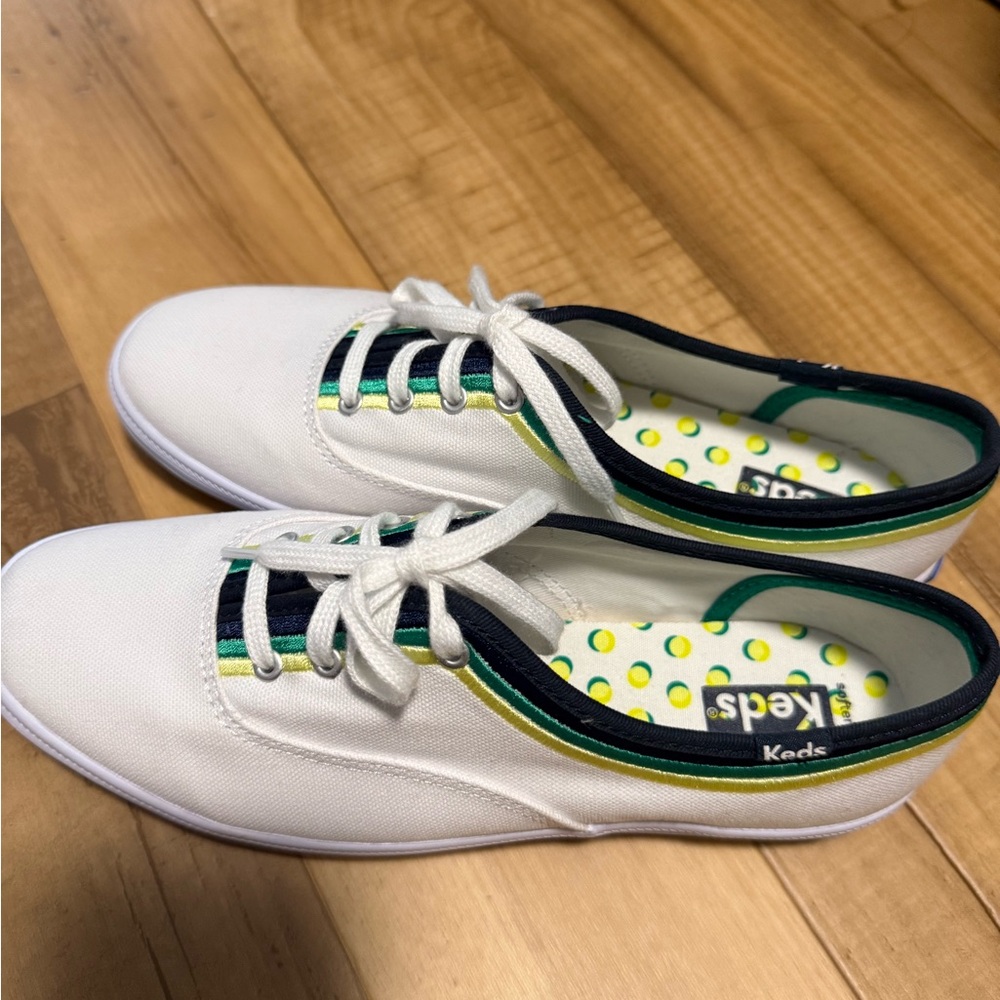 Keds White Sneakers with Green and Blue Stripes NWOT